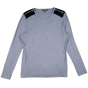 LRL‎ Ralph Lauren Shirt Womens XL Gray Rib Knit Long Sleeve Shoulder Patch Top